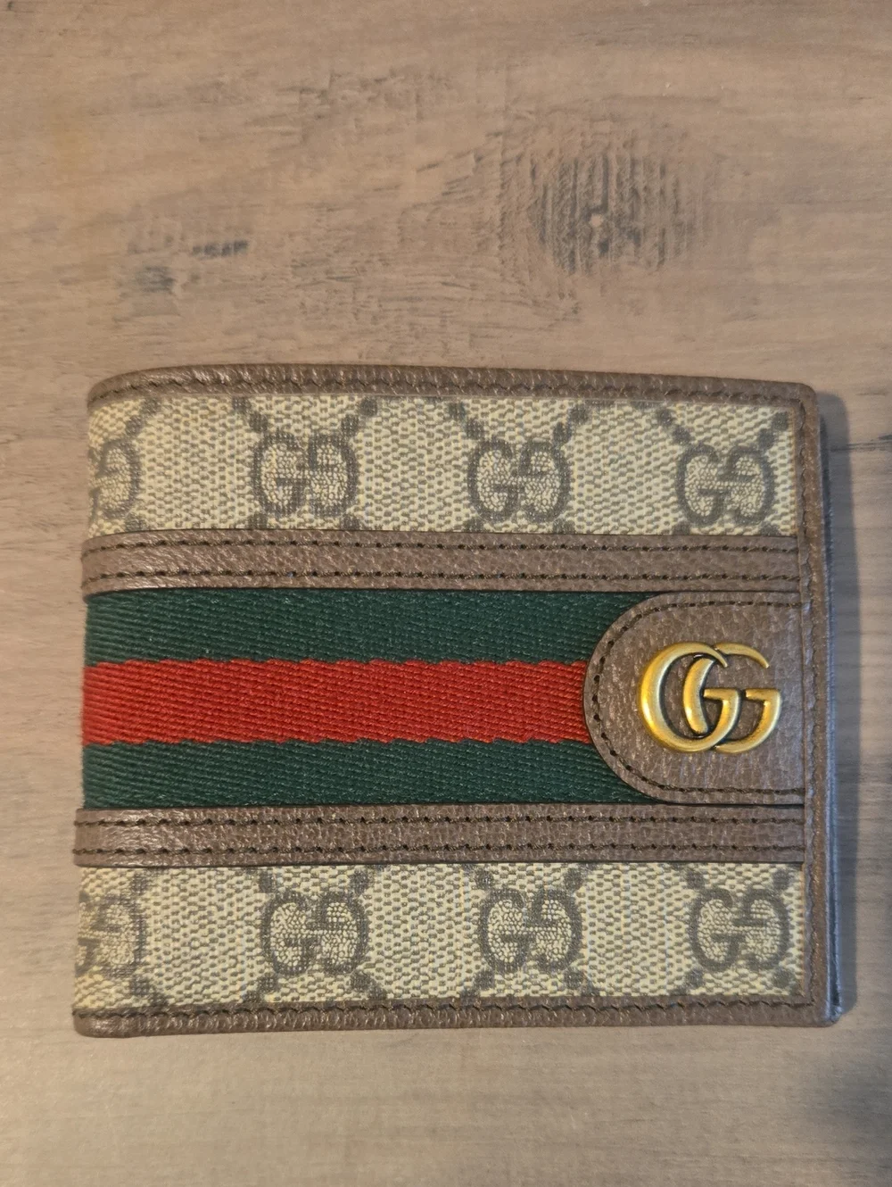 Gucci Men's GG Canvas Bifold Wallet with Green and Red Web